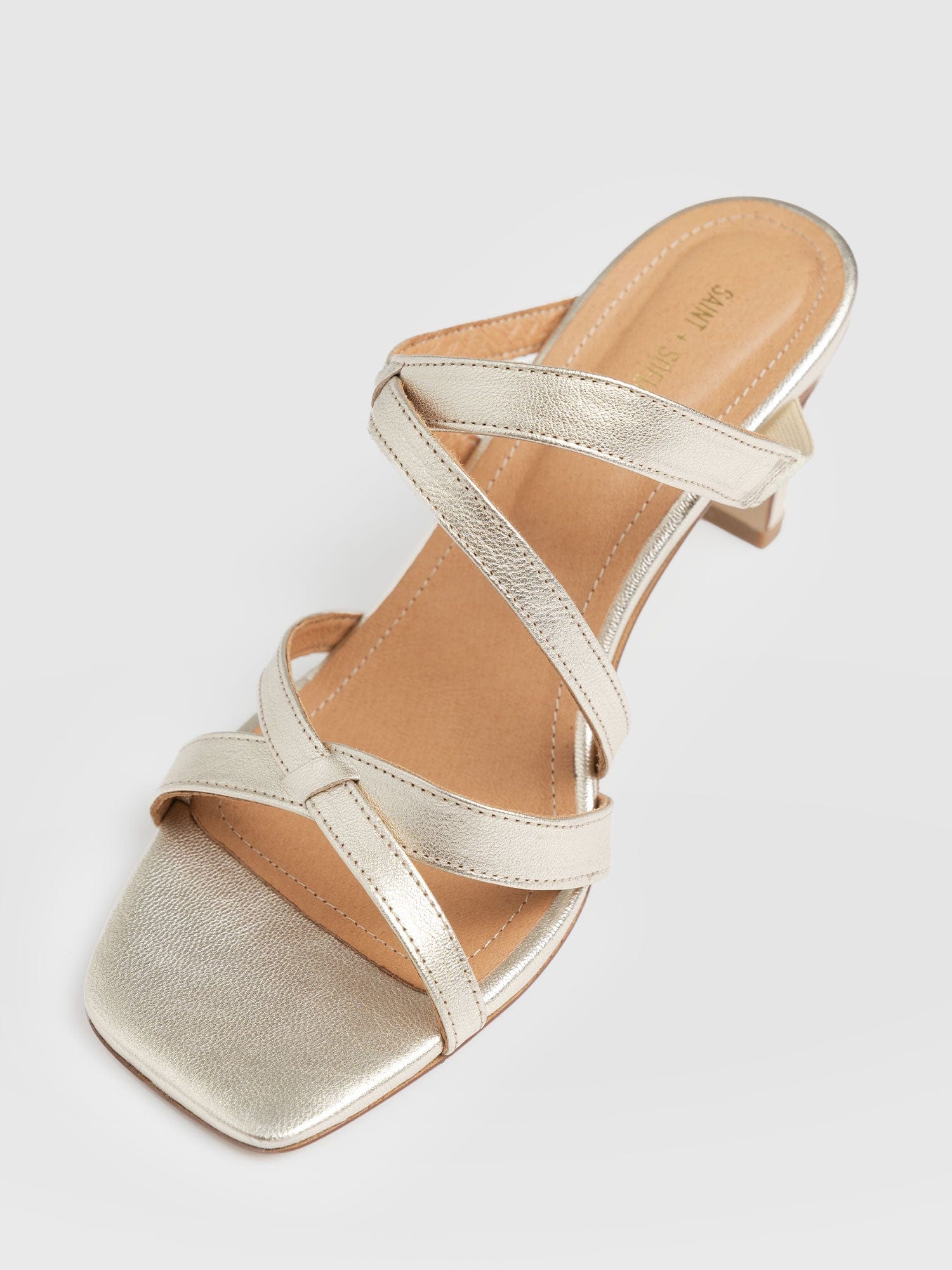 Sara Cross Over Heeled Mules Gold - Women's Leather Boots | Saint + Sofia® USA